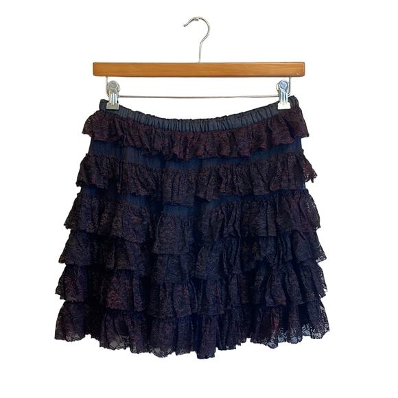 Vintage Dresses & Skirts - Vintage M black lace ruffle mini skirt floral dark cottagecore